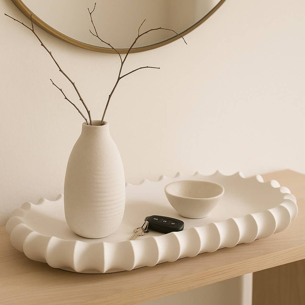 Decorative Tray - White Ceramic Scalloped Edge, 18 in.