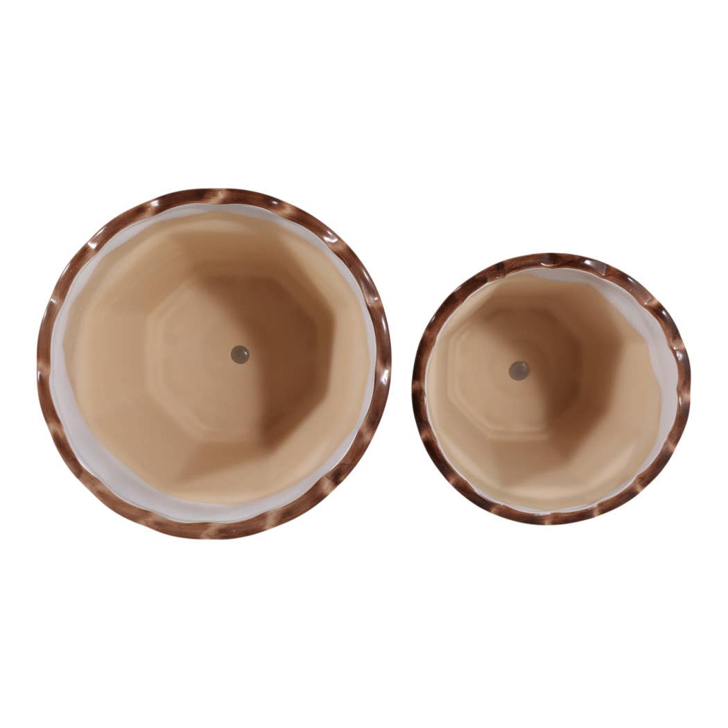 Plant Pot Set of 2 - Brown Ceramic Round Chinoiserie, 10/12 in