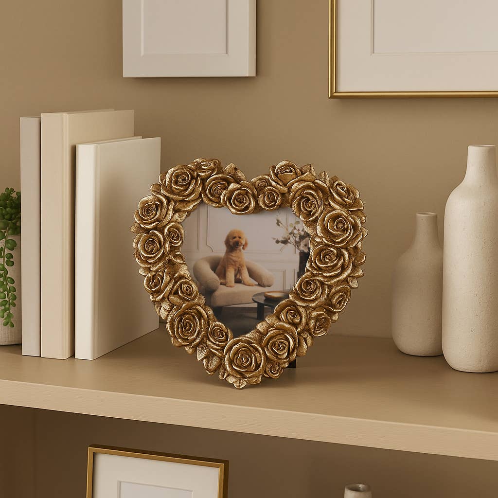 Photo Frame - Gold Polyresin Rosette Heart, 4x4 in.