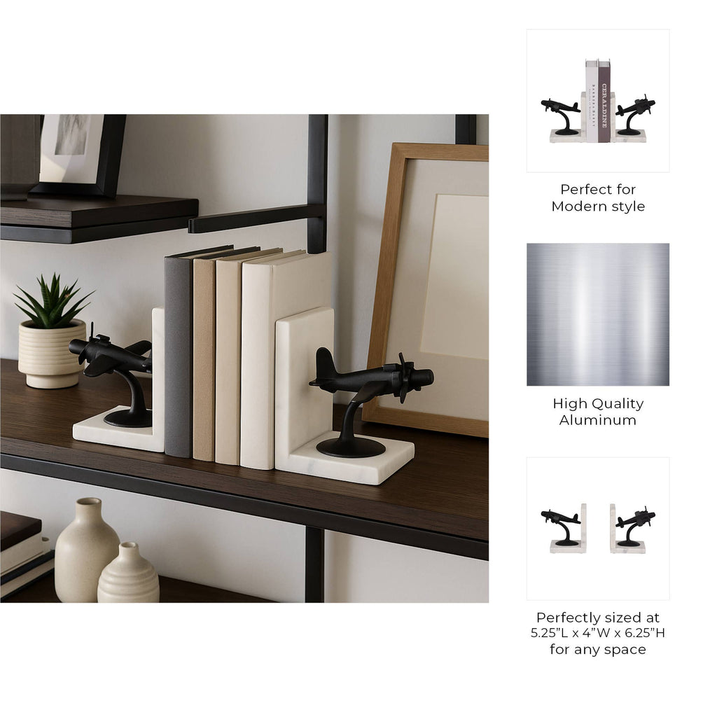 Bookends Set of 2 - Black/White Airplane on Marble, 6 in.