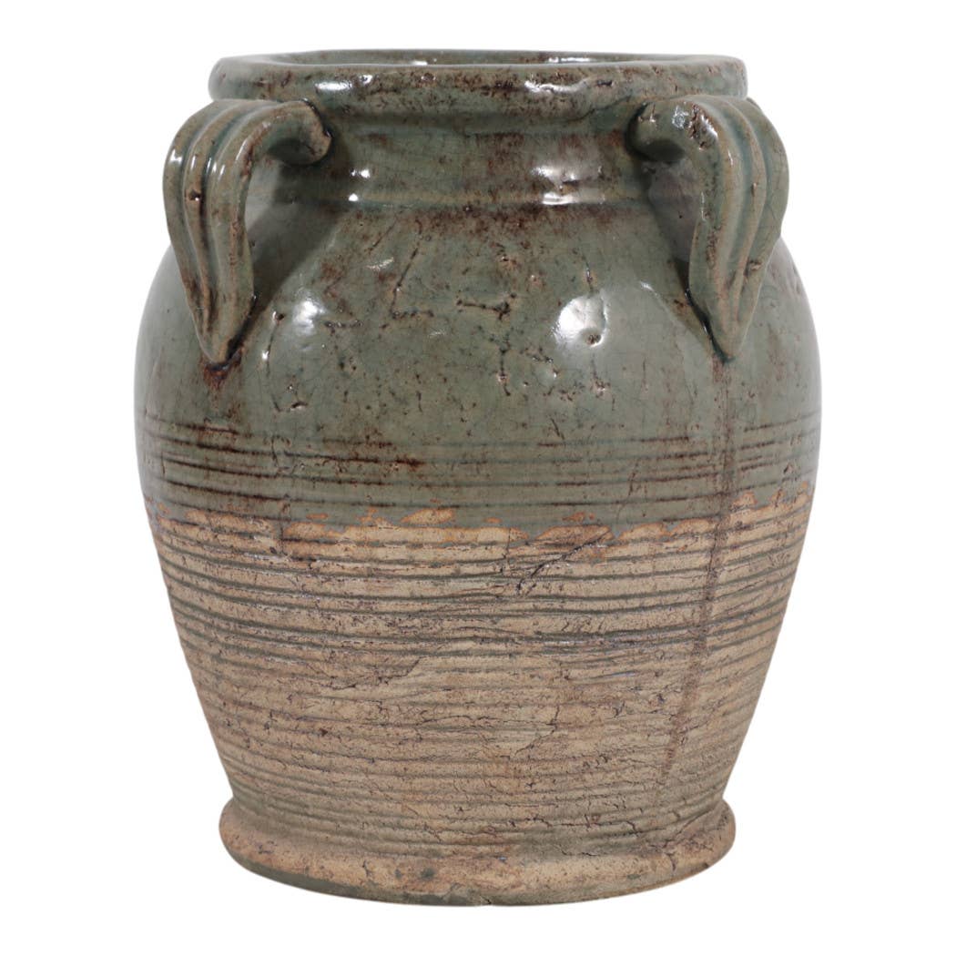 Decorative Vase - Green Ceramic Amphora with Handles, 9 in.