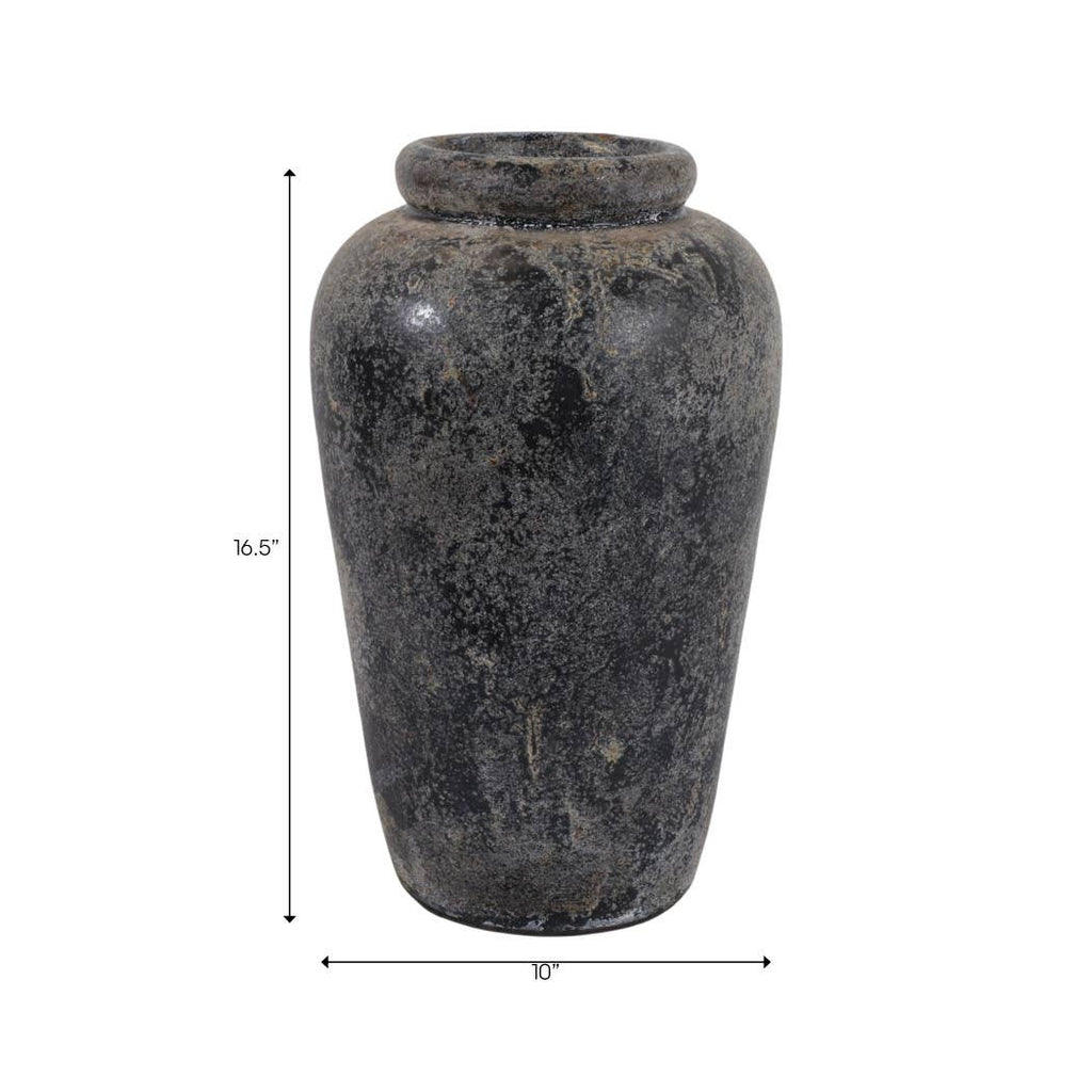 Decorative Vase - Black Terracotta Brushed Textured, 16 in.