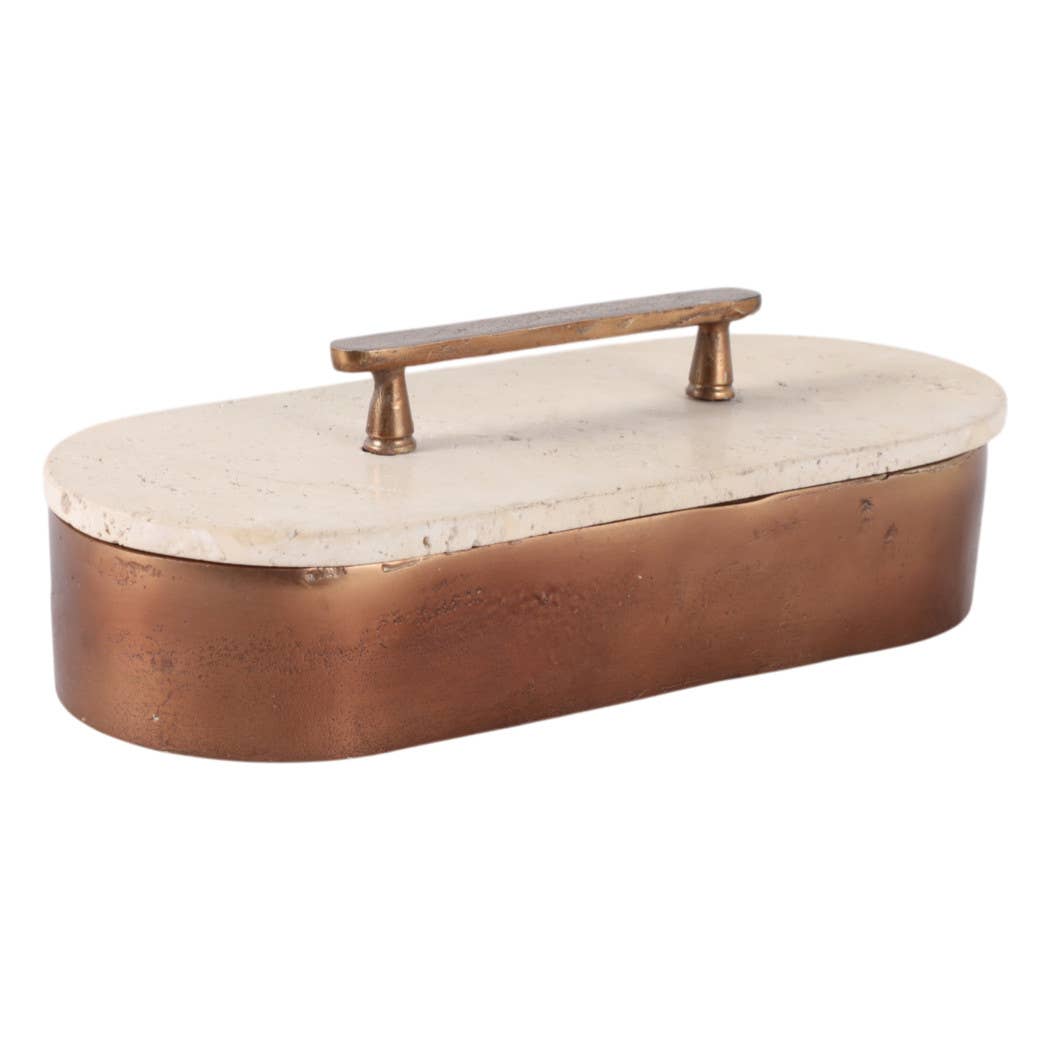 Decorative Box - Tan/Bronze Travertine Oval with Lid, 12 in.