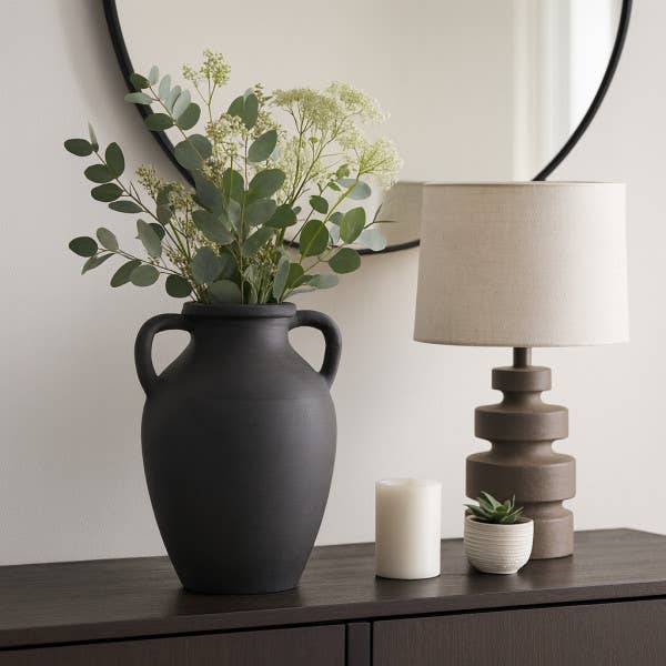 Decorative Vase - Black Terracotta with Handles, 13 in.