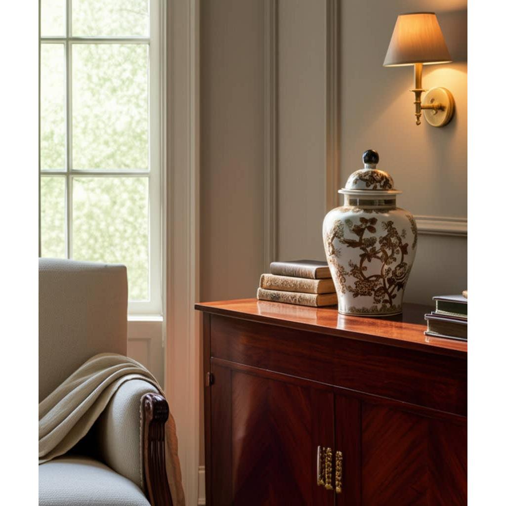 Temple Jar - Brown/White Ceramic Chinoiserie Bird, 12 in.