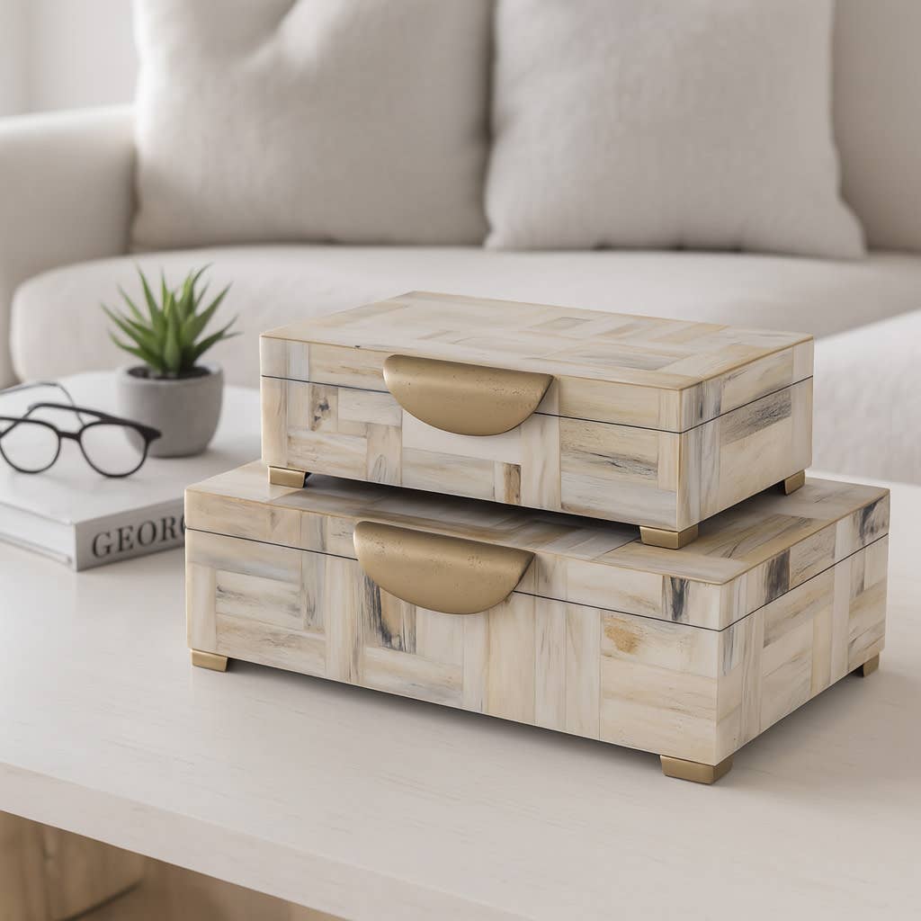 Decorative Boxes Set of 2-Tan Resin Marbled Footed, 12/14 in