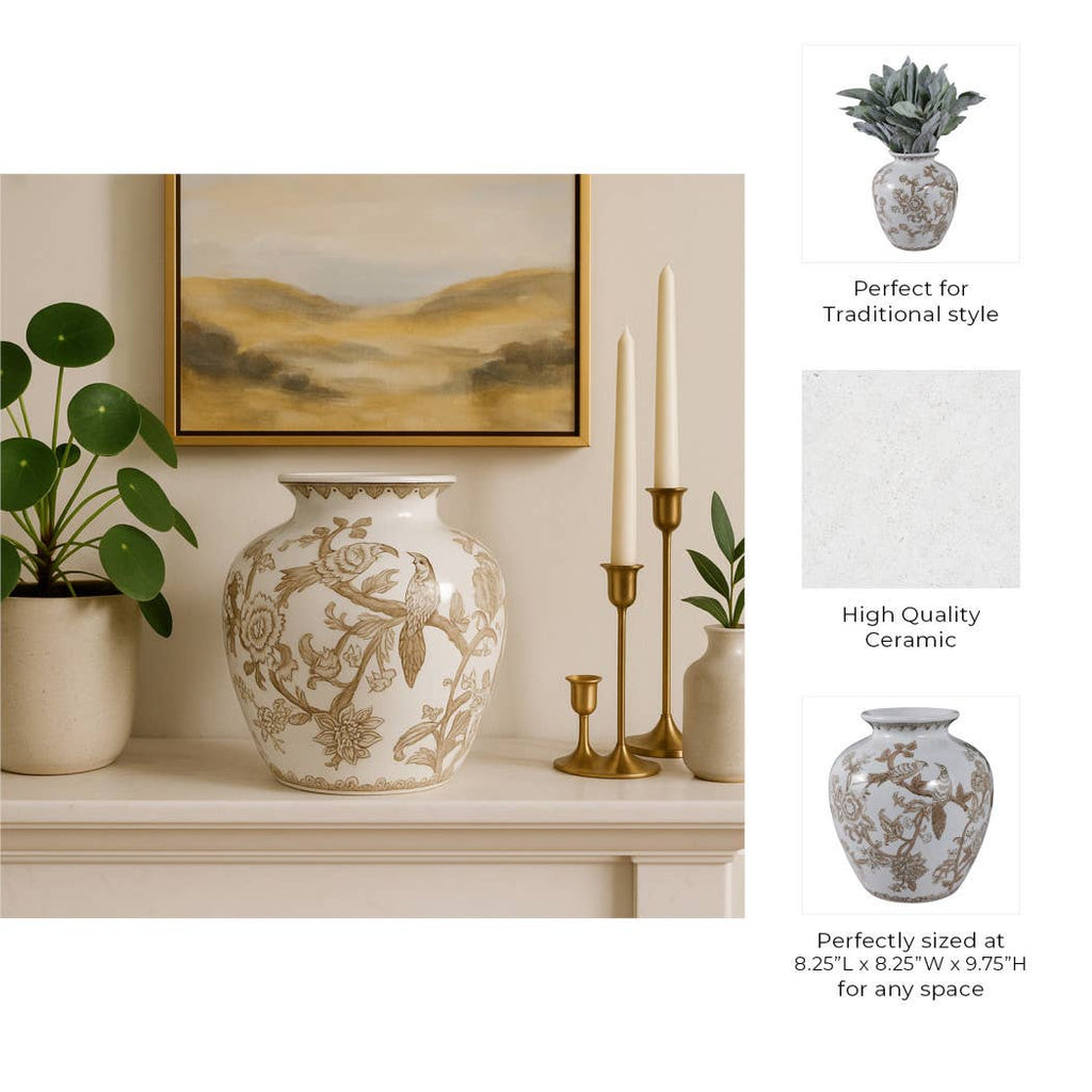 Decorative Vase - Brown/White Ceramic Bird and Vines, 10 in.