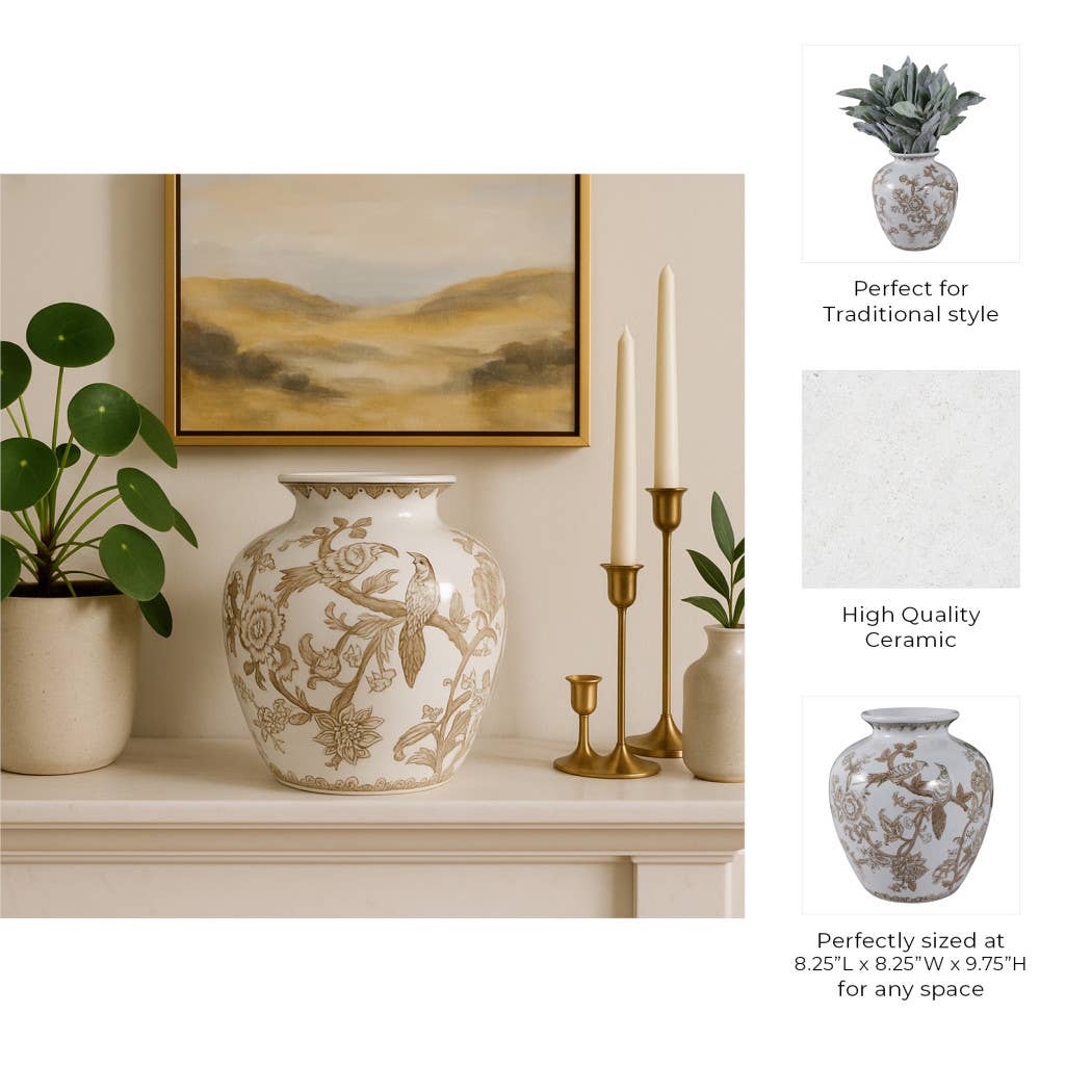 Decorative Vase - Brown/White Ceramic Bird and Vines, 10 in.