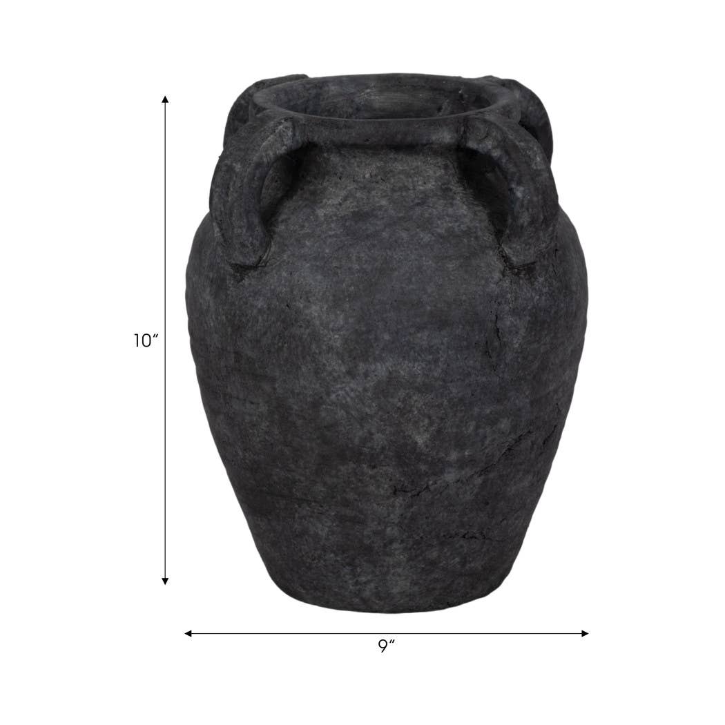 Decorative Vase - Black Pottery Amphora Multi-Handle Jug, 10 in.