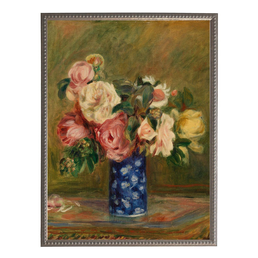 Flowers in a Blue Vase Framed Print by Antique Curiosities Inc