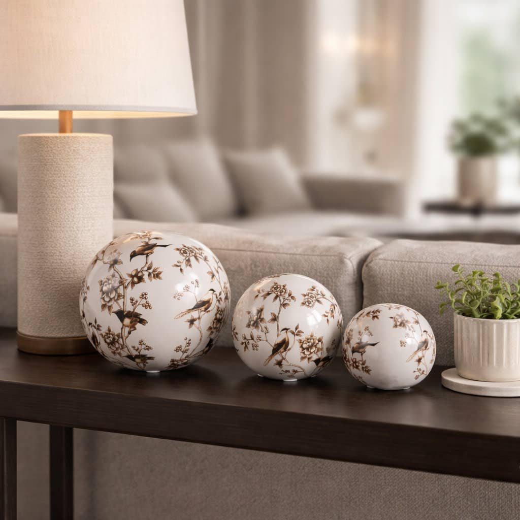 Objects Set of 3 - Brown/White Ceramic Birds Orbs, 4/5/6 in.