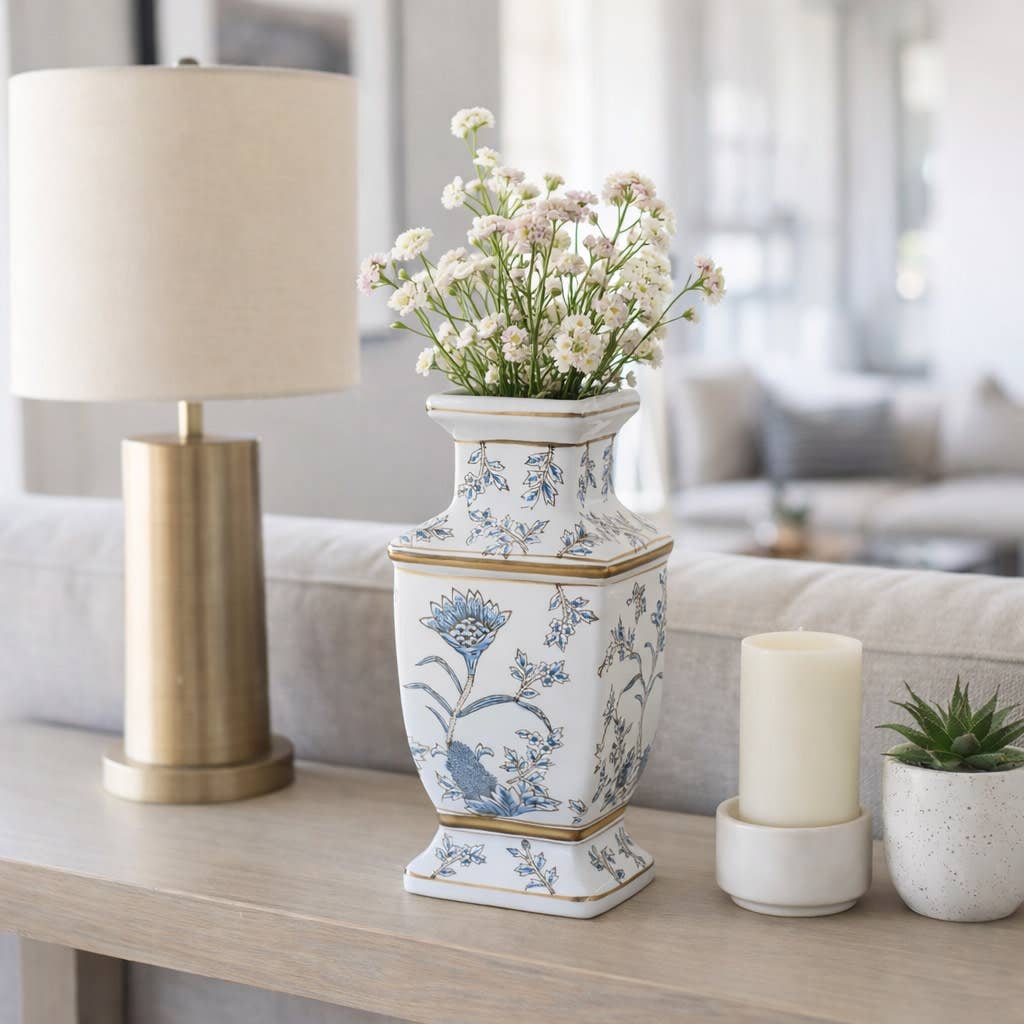 Blue and Brown Floral Chinoiserie Ceramic Vase, 15 in.