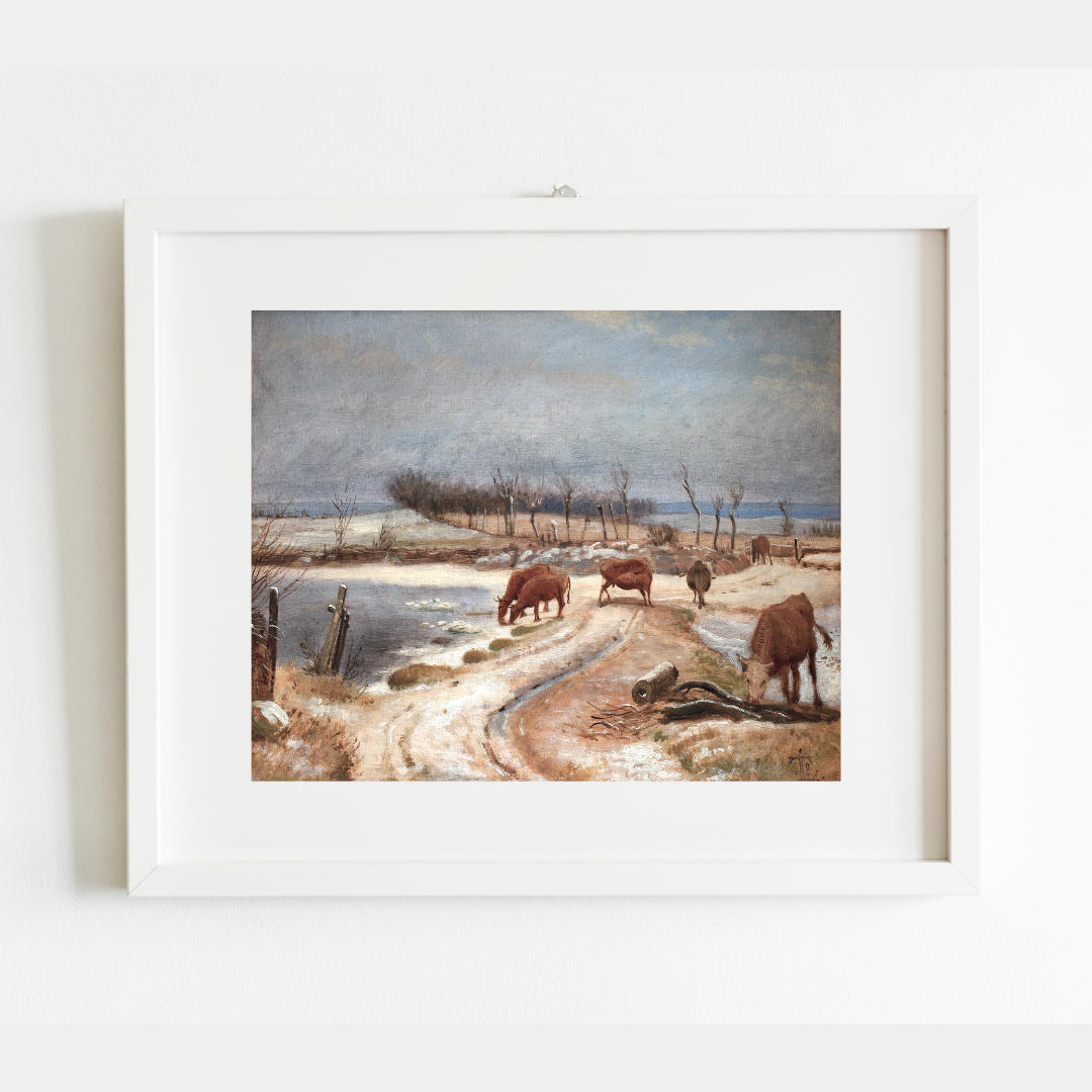 Cattle Watering on a Winter Day Antique Art Print