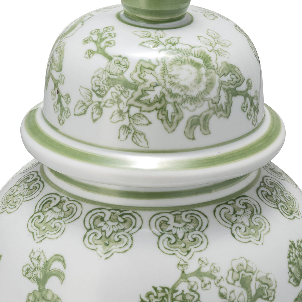 Green and White Round Floral Chinoiserie Jar, 14 in.