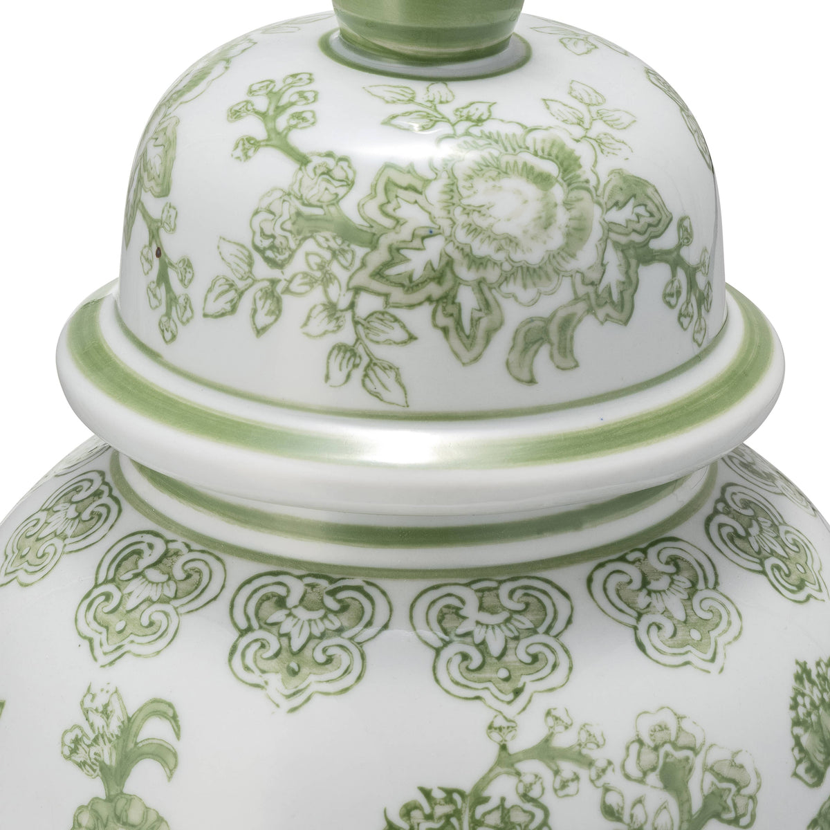 Green and White Round Floral Chinoiserie Jar, 14 in.