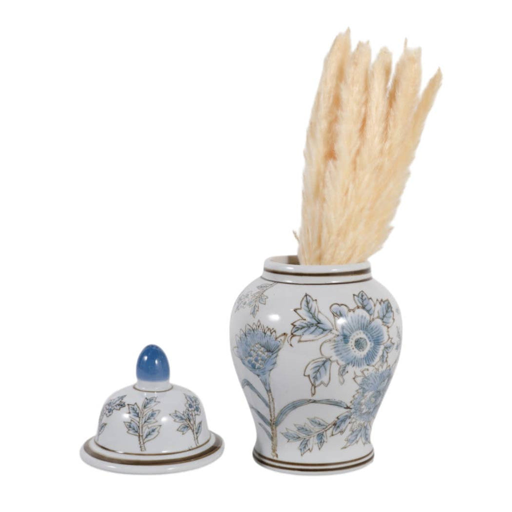 Decorative Jar - Blue/Brown Ceramic Floral Chinoiserie, 11 in.