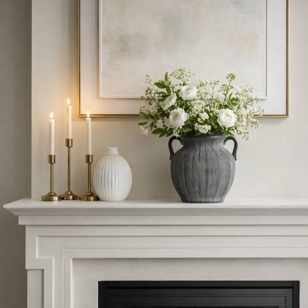 Black Ribbed Stoneware Vase with Handle, 10 in.