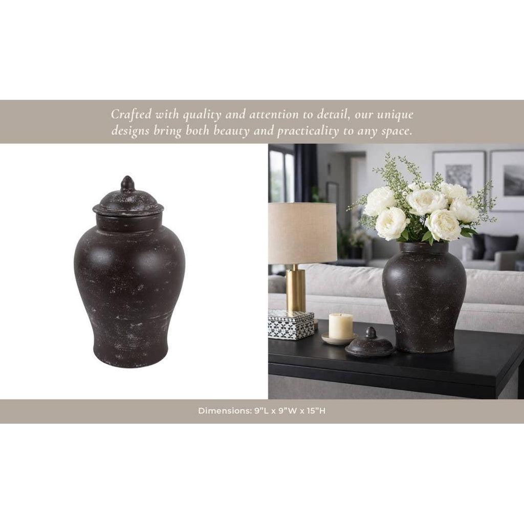 Decorative Jar - Brown Terracotta Tall with Lid, 15 in.