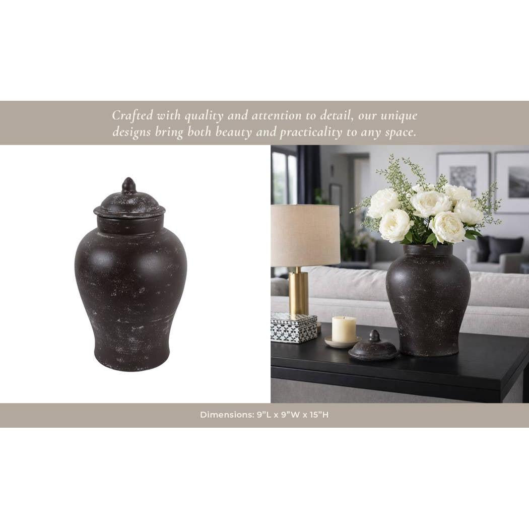 Decorative Jar - Brown Terracotta Tall with Lid, 15 in.