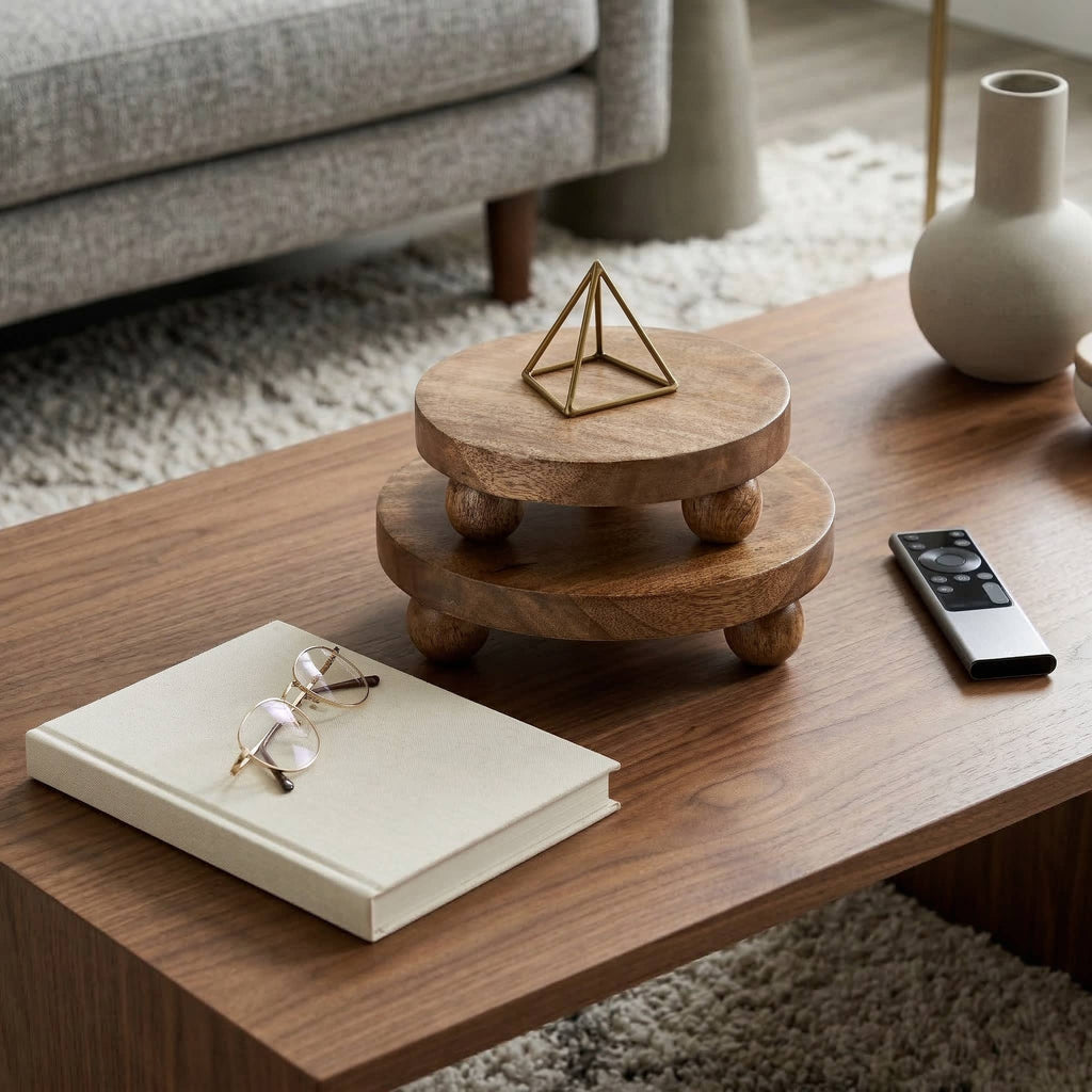 Mango Wood Round Riser Trays, Set of 2 - Brown, 8/10 in.