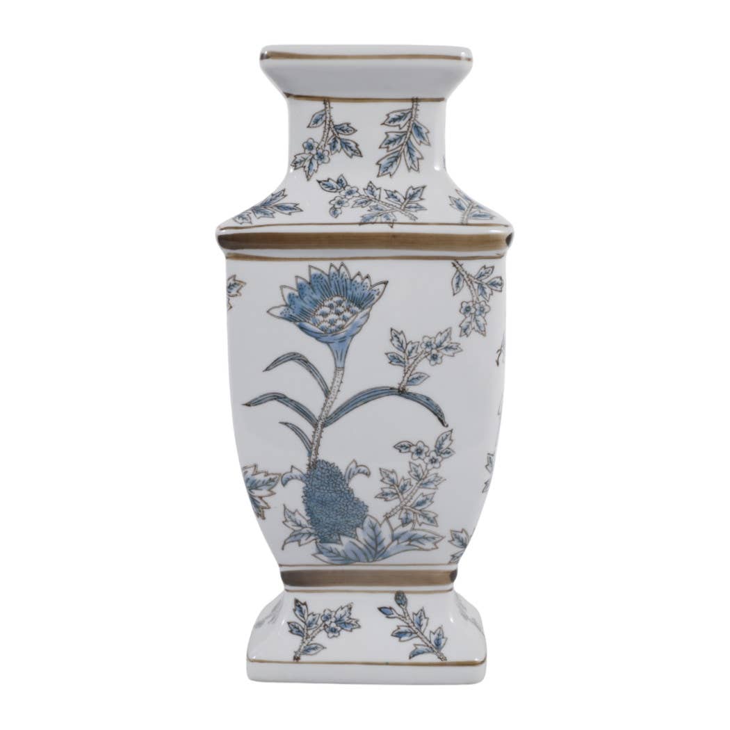 Blue and Brown Floral Chinoiserie Ceramic Vase, 15 in.
