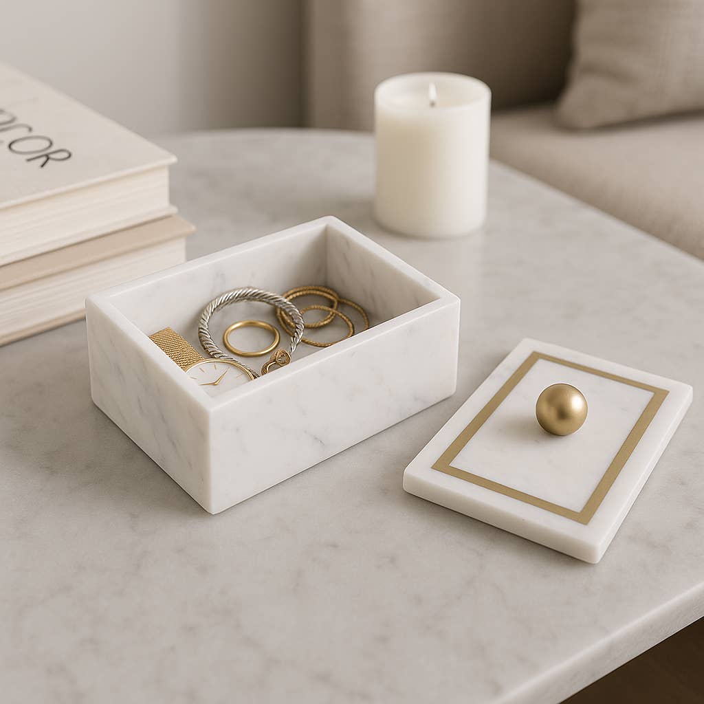 Marble Rectangular Box with Removable Lid - White, 7 in.