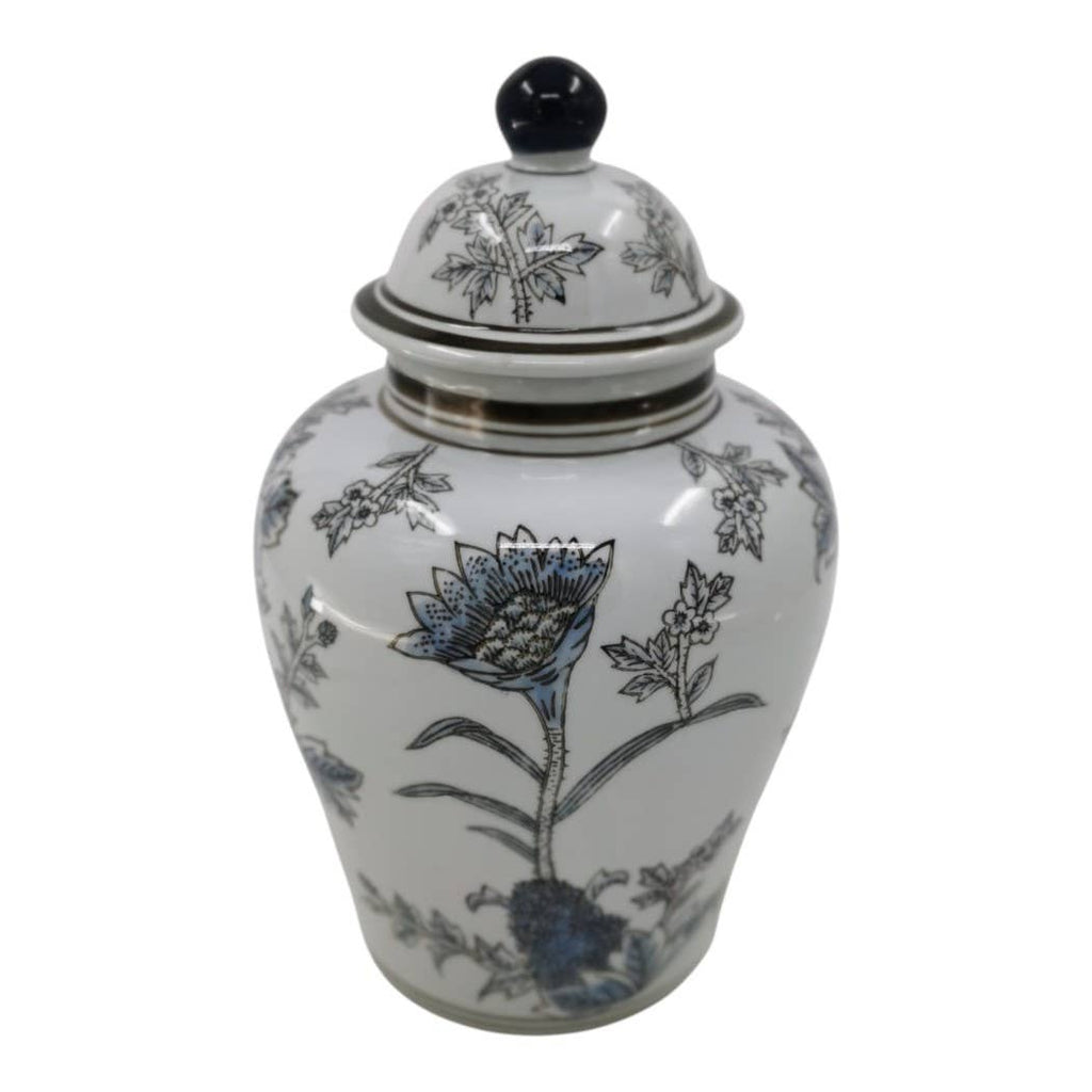 Decorative Jar - Blue/Brown Ceramic Floral Chinoiserie, 12 in.