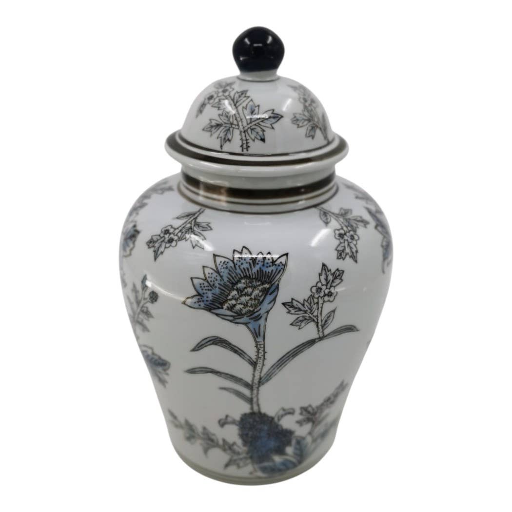 Decorative Jar - Blue/Brown Ceramic Floral Chinoiserie, 12 in.