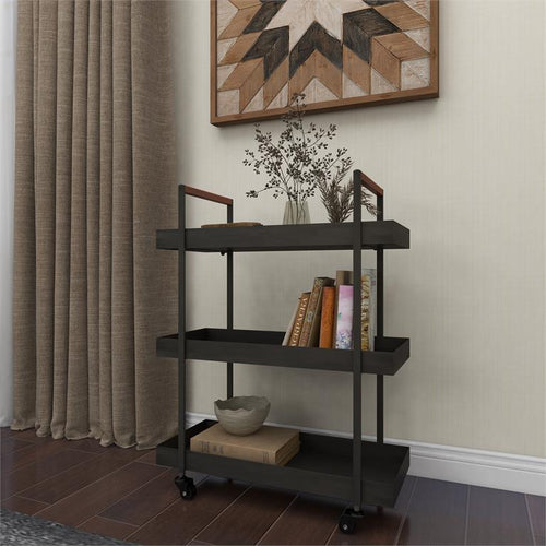 Black Metal Rolling 3 Shelves Bar Cart with Handles