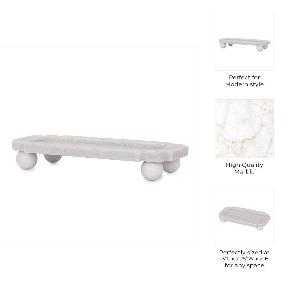 Decorative Tray - White Marble with Rounded Ball Feet, 13 in.