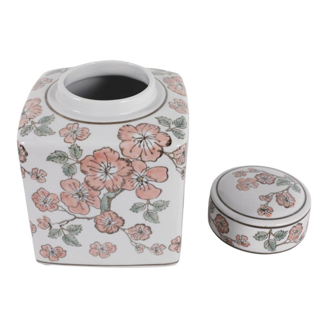 White and Pink Cherry Blossom Ceramic Jar, 9 in.
