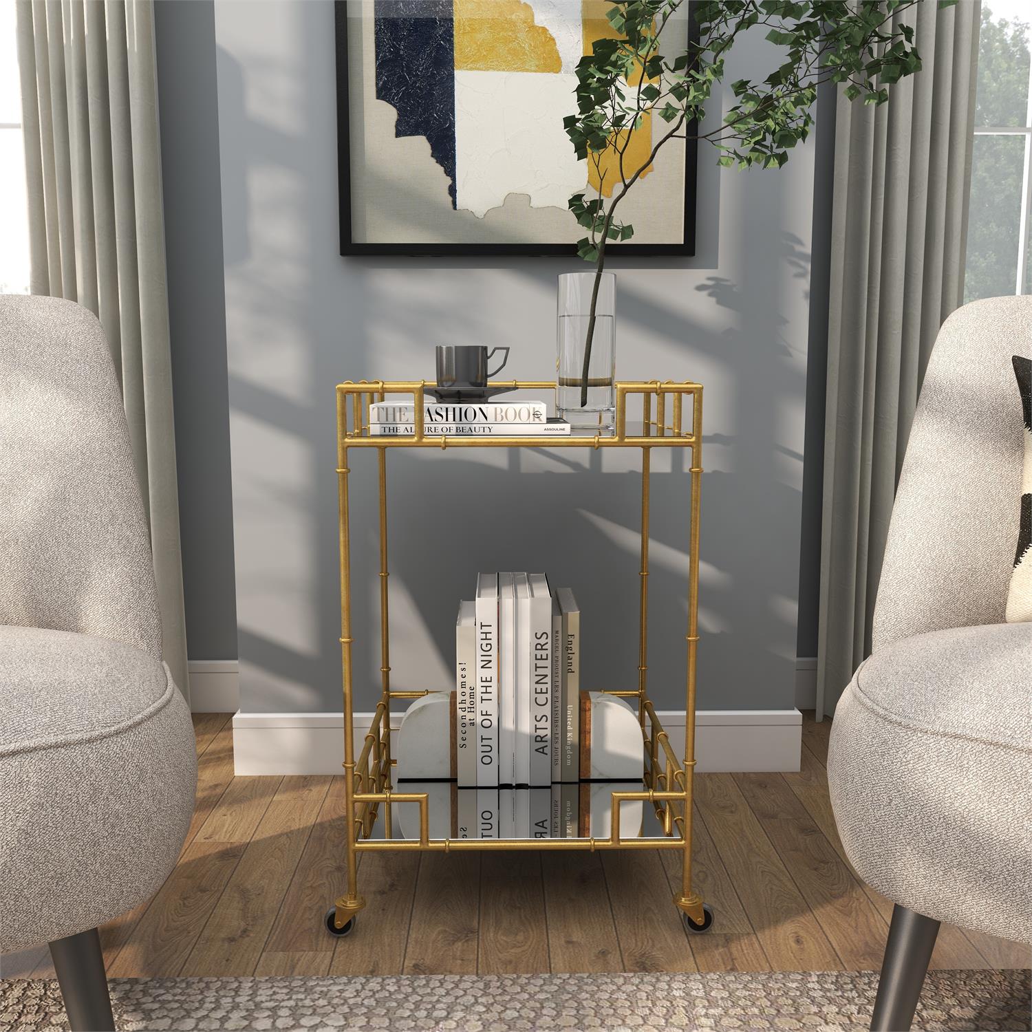 Gold Metal Rolling 2 Mirrored Shelves Bar Cart | Bridal Shower Sydnee Allen and Richard Busby