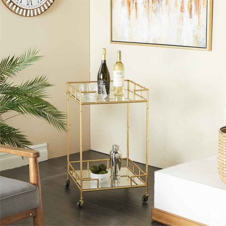 Gold Metal Rolling 2 Mirrored Shelves Bar Cart | Bridal Shower Sydnee Allen and Richard Busby