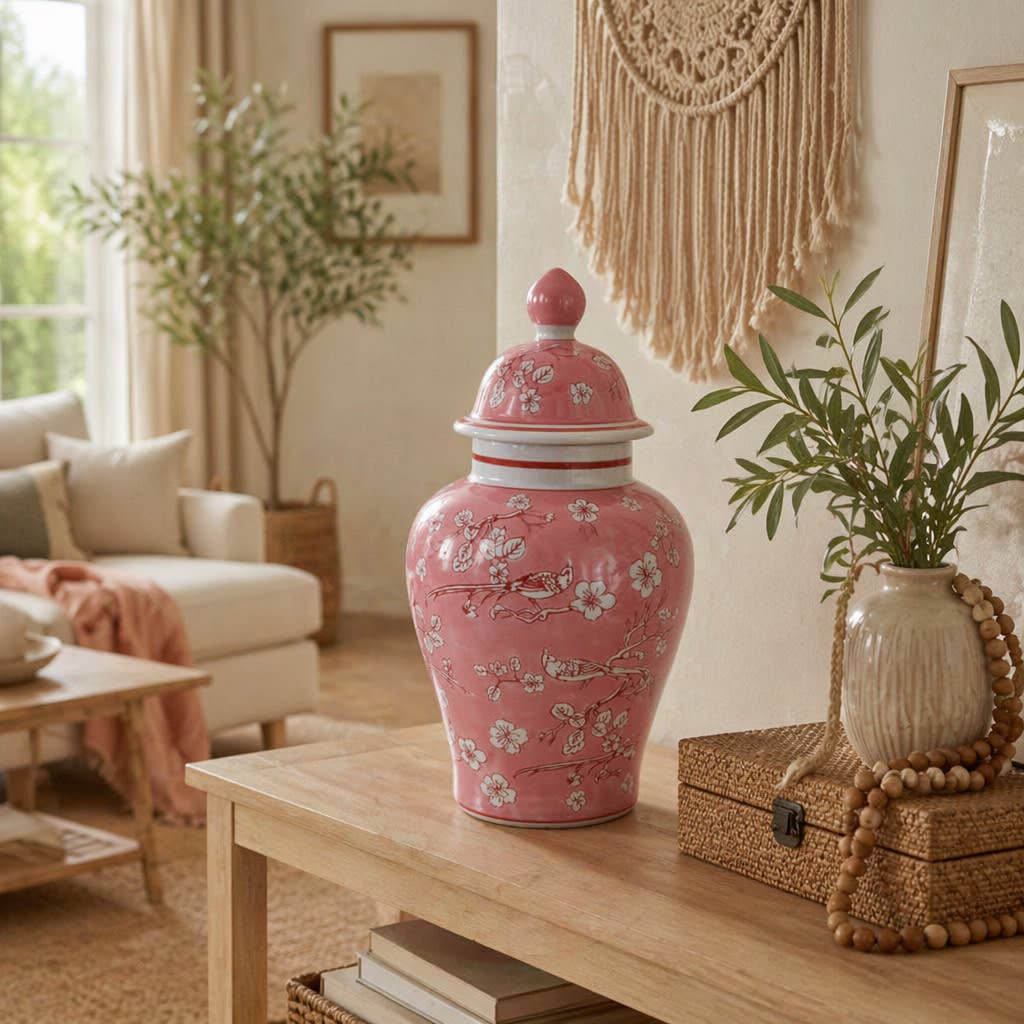 Decorative Jar - Pink/White Ceramic Floral Chinoiserie, 18 in.