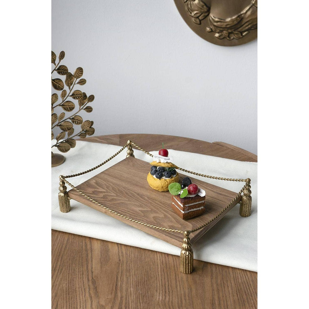 Wooden Tray with Gold Iron Tassel Base