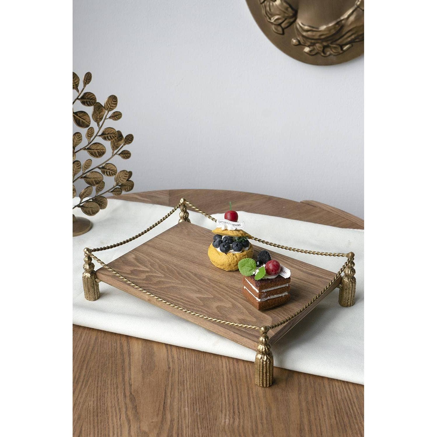 Wooden Tray with Gold Iron Tassel Base
