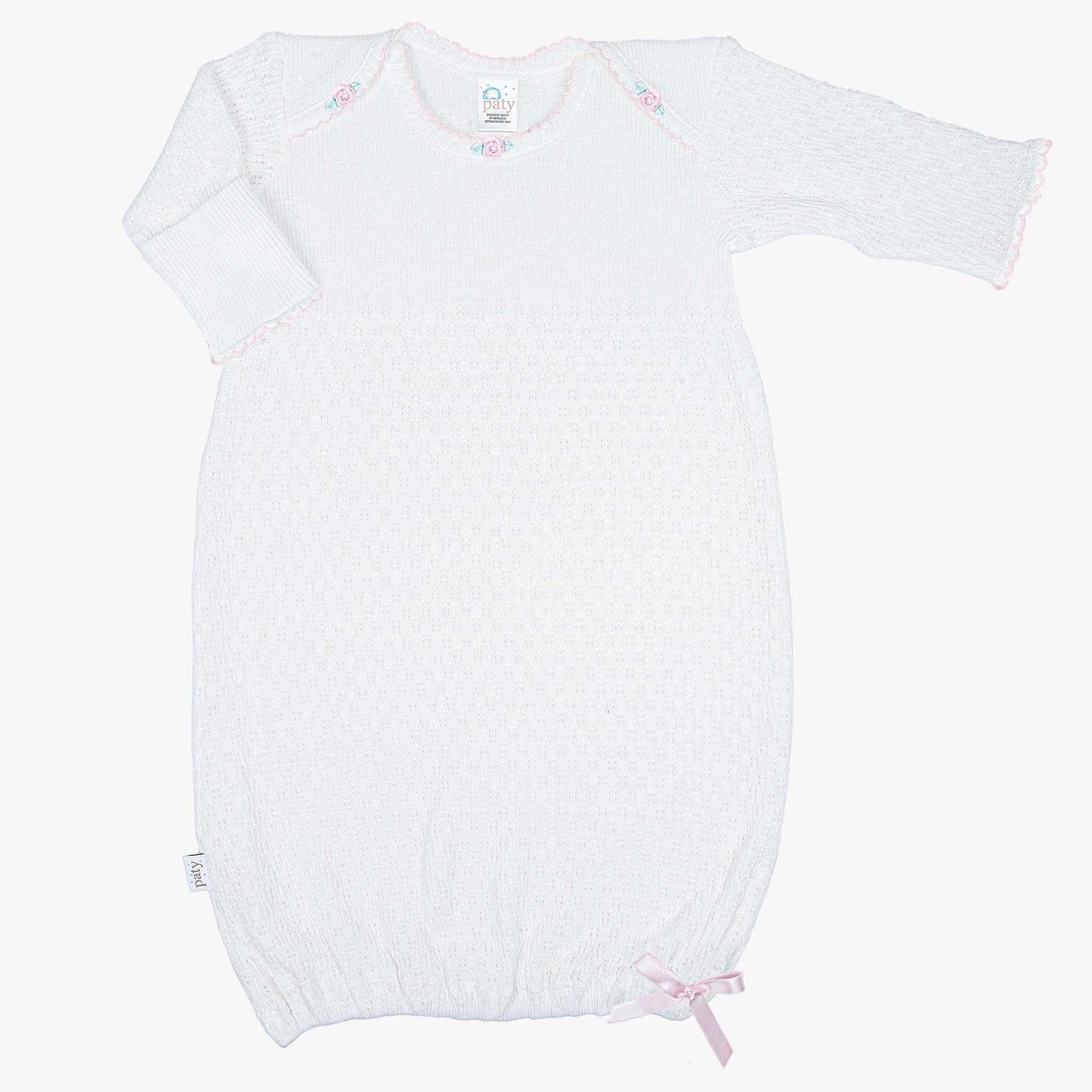 Paty Knit Overlap Shoulder Gown with Rosettes