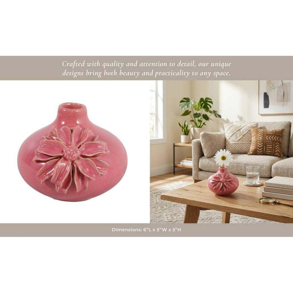 Decorative Vase - Pink Ceramic with Embossed Floral, 6 in.