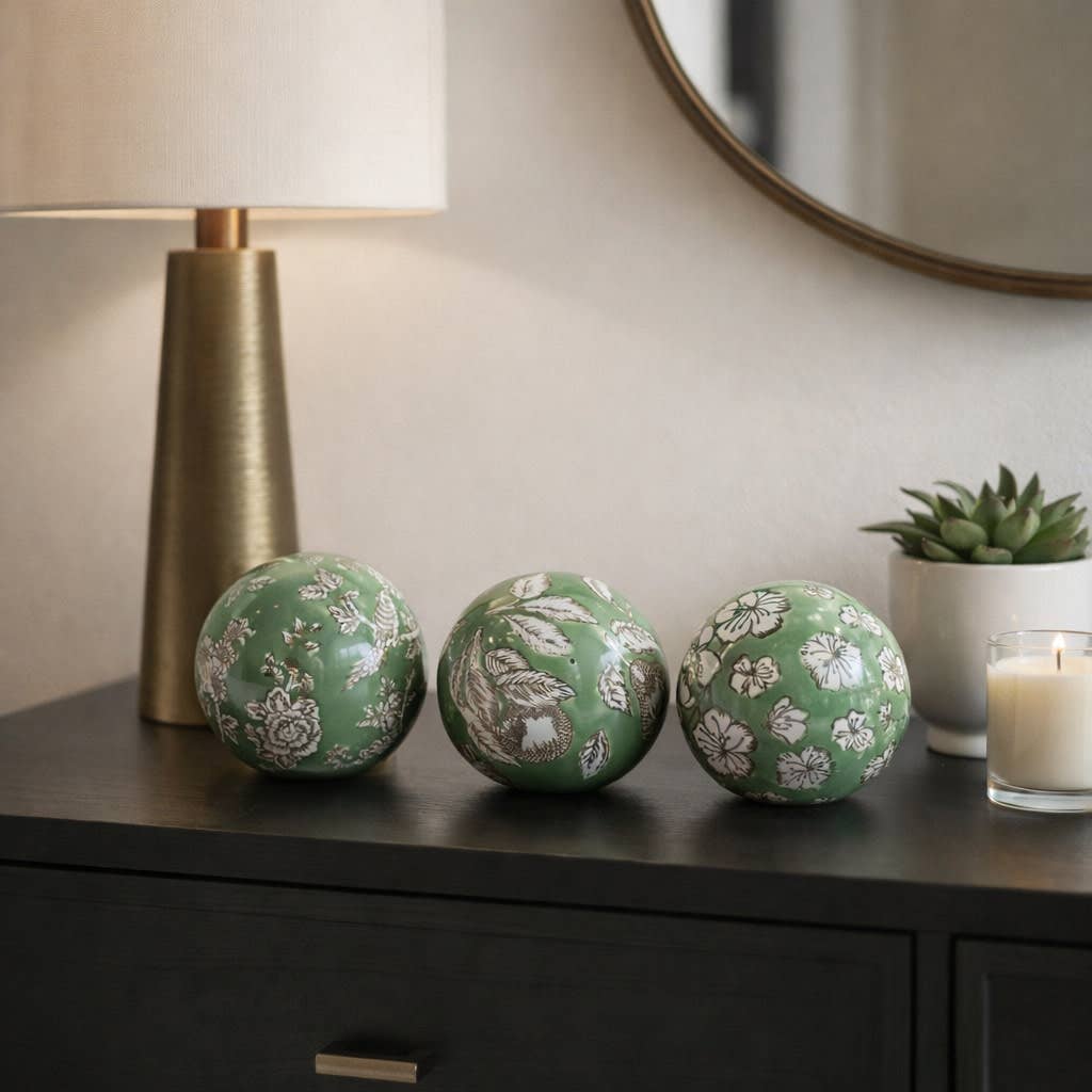 Objects Set of 3 - Green/White Ceramic Chinoiserie Orb, 5 in.