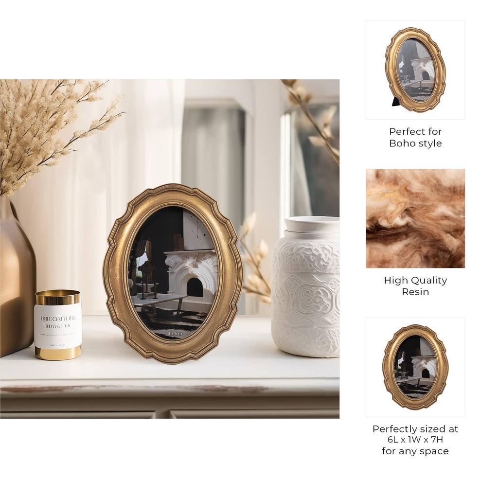 Photo Frame - Gold Polyresin Round Vintage Style, 4x6 in.