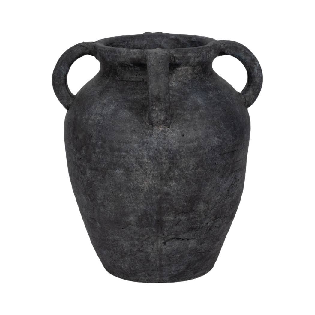 Decorative Vase - Black Pottery Amphora Multi-Handle Jug, 12 in.