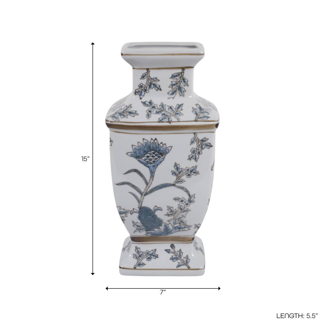 Blue and Brown Floral Chinoiserie Ceramic Vase, 15 in.