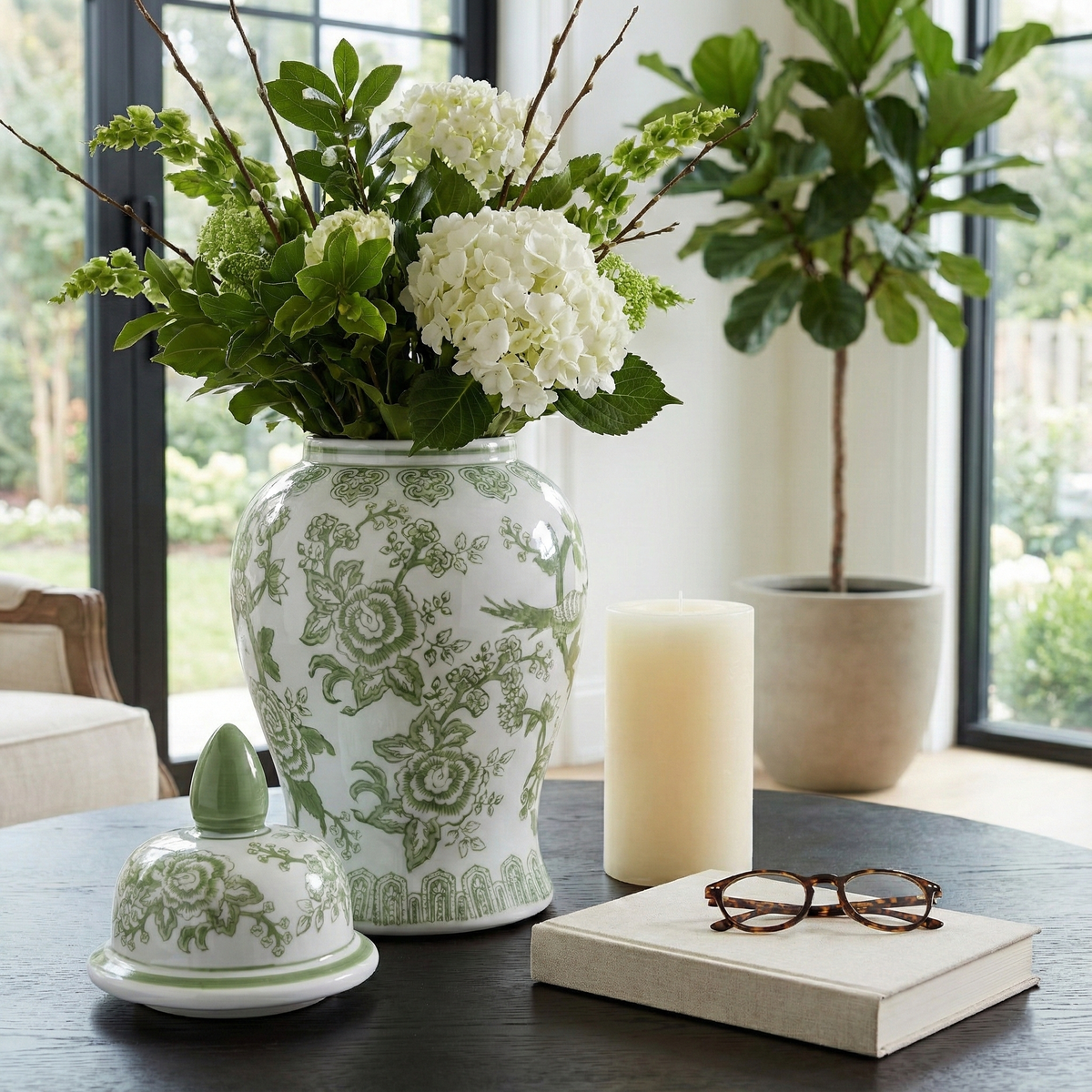 Green and White Round Floral Chinoiserie Jar, 14 in.