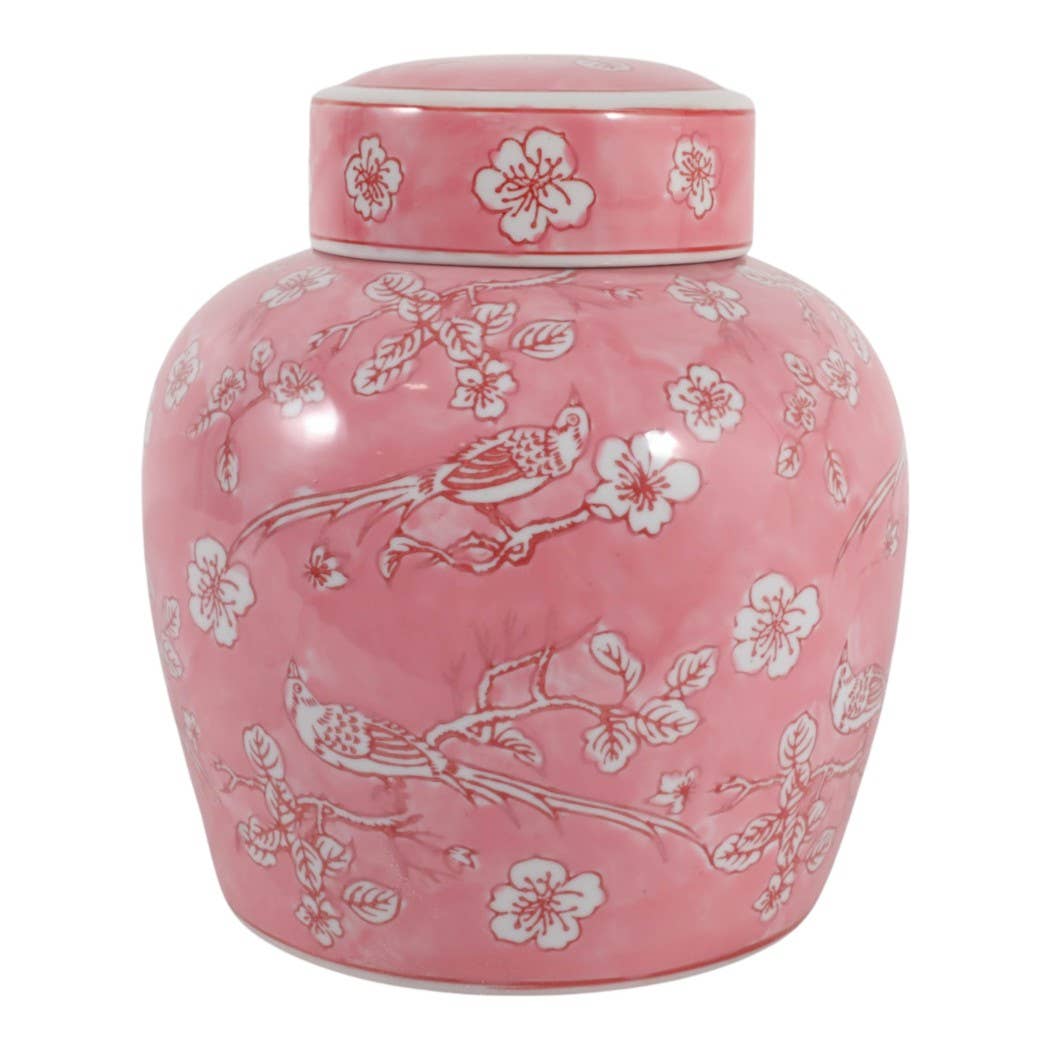Decorative Jar - Pink Ceramic Chinoiserie with Lid, 10 in.