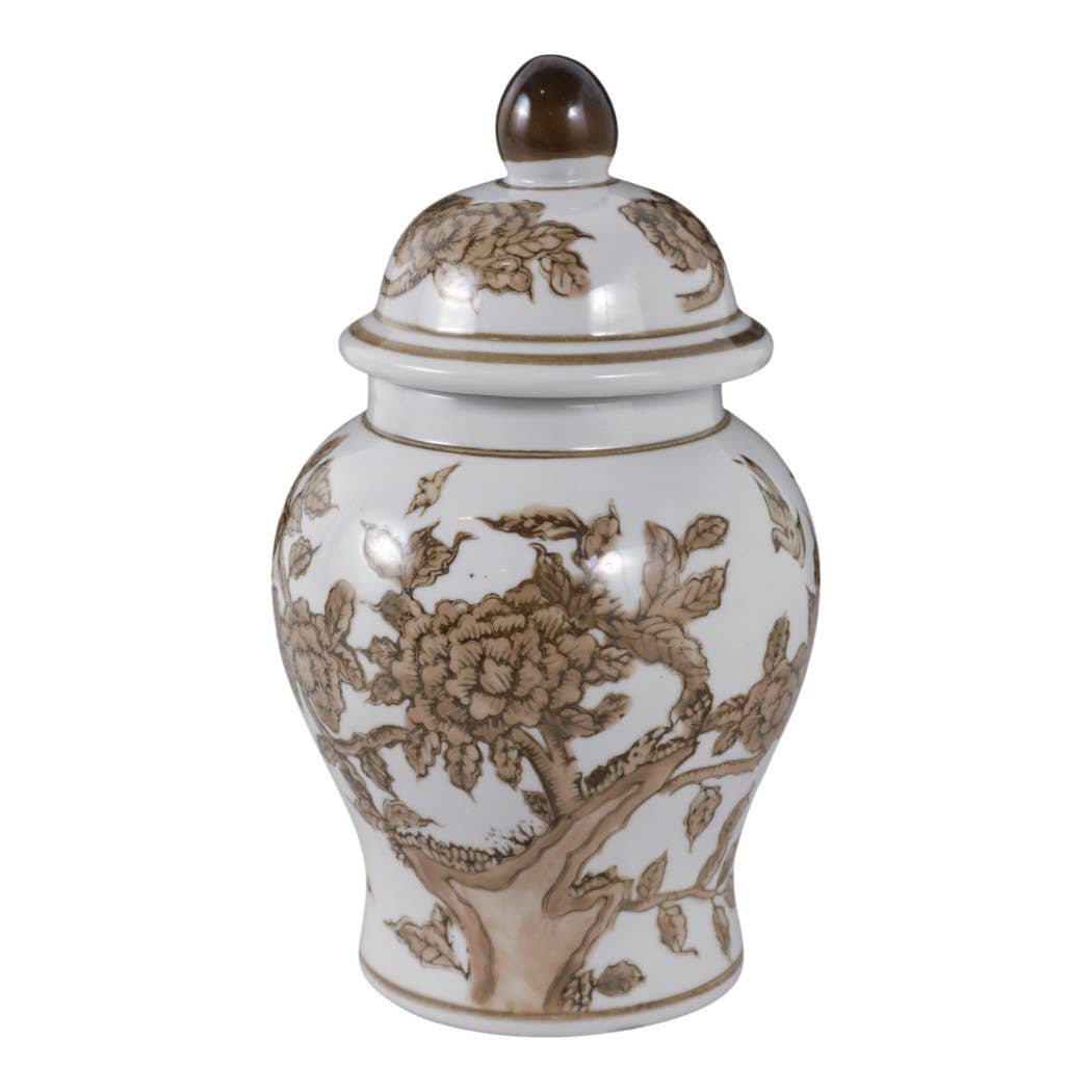 Decorative Vase - Brown & White Ceramic Jar with Lid, 8 in.