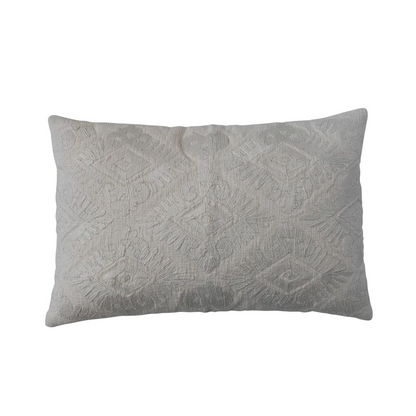 Cotton Slub Embroidered Lumbar Pillow w/ Pattern & Chambray Back