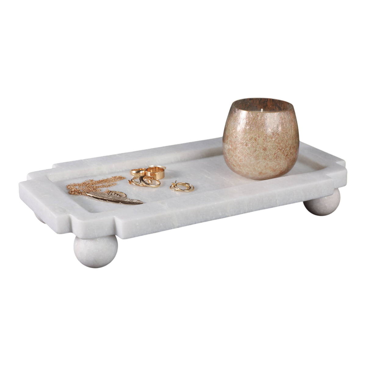 Decorative Tray - White Marble with Rounded Ball Feet, 13 in.