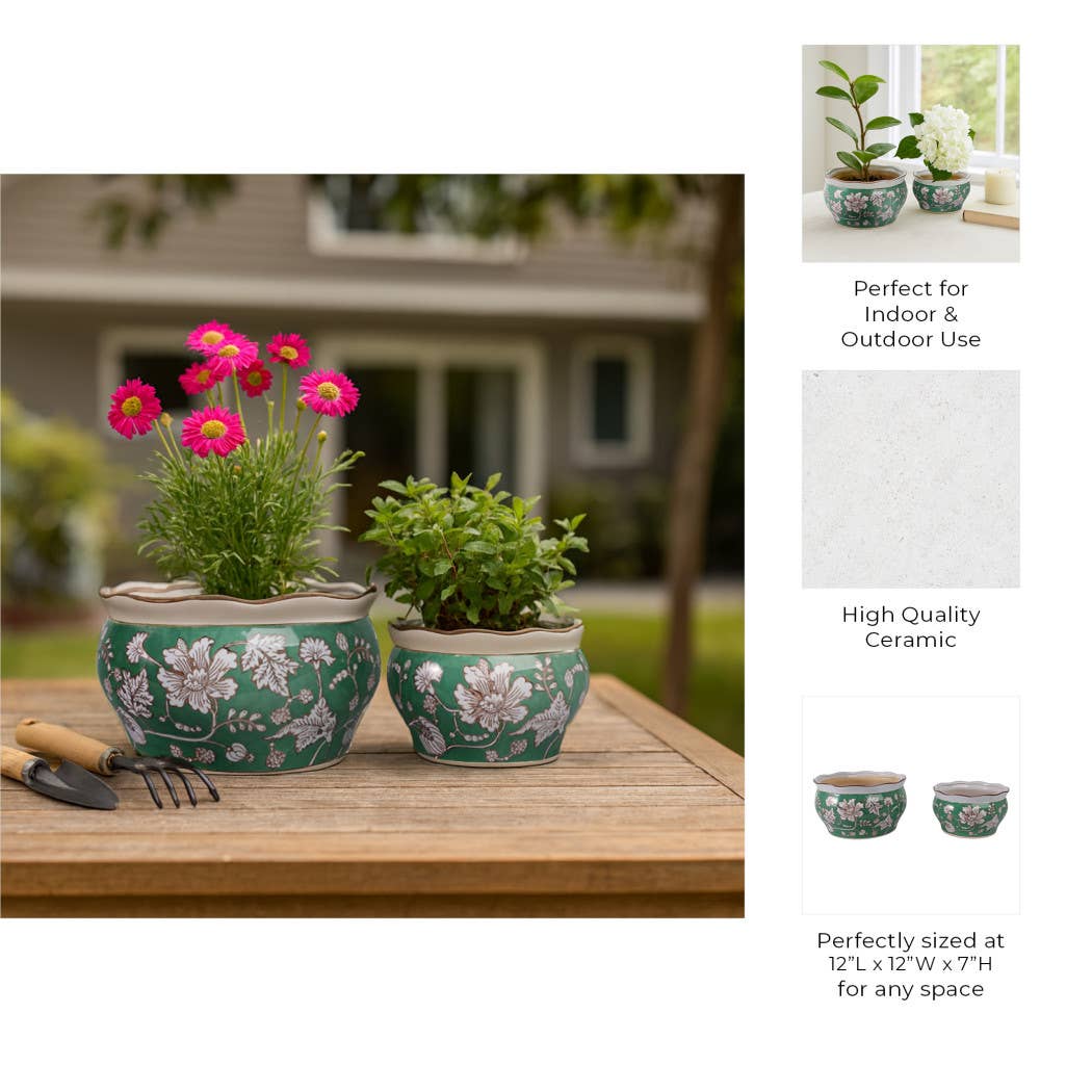 Planters Set of 2 - Green Ceramic Floral Vines, 10/12 in.