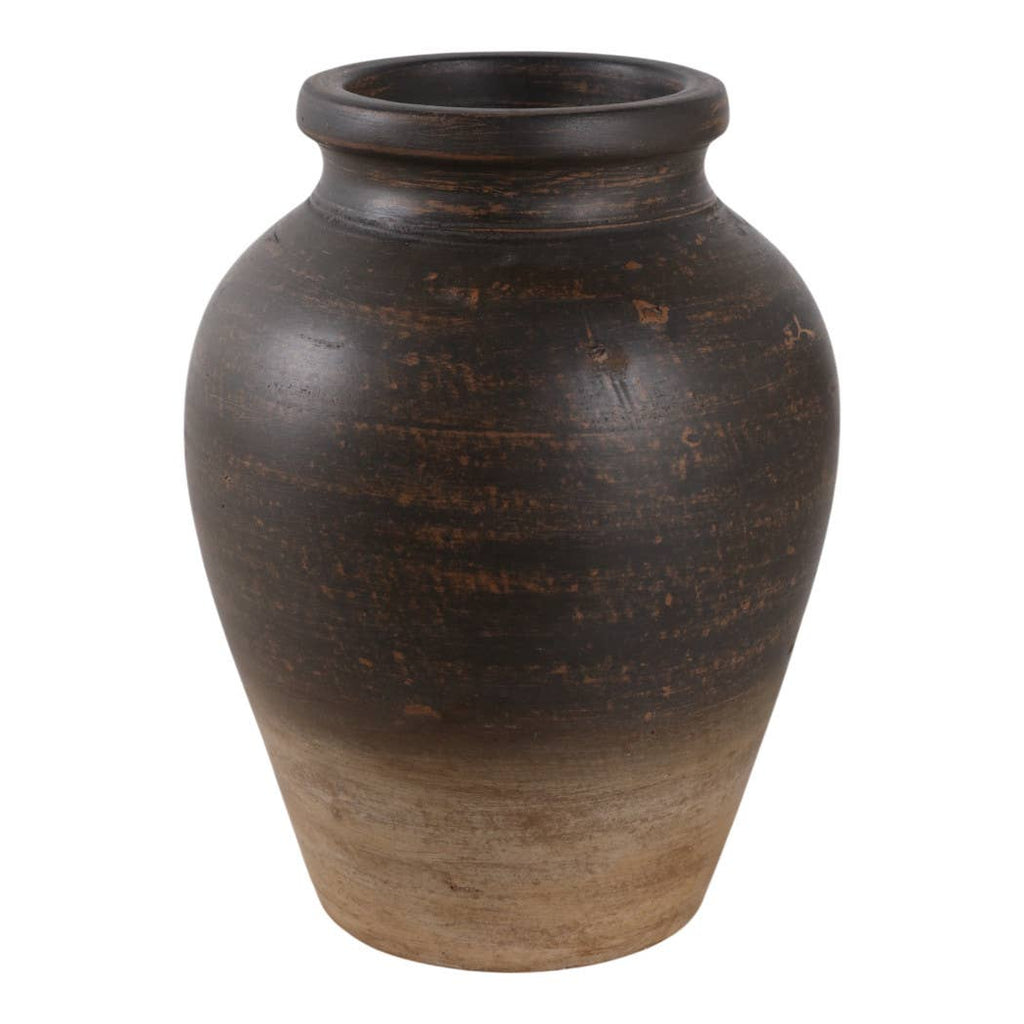 Decorative Vase - Chocolate Brown Ceramic Pottery Jug, 10 in.
