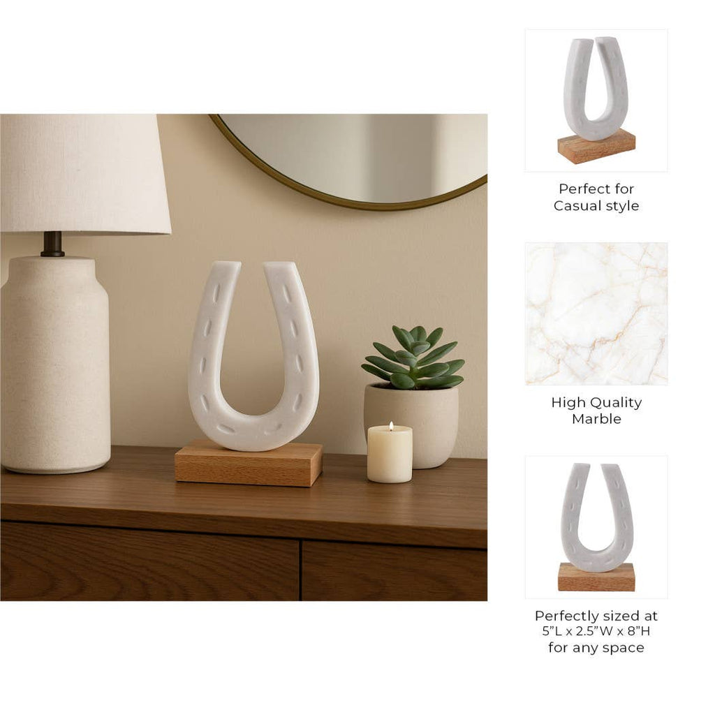 White and Brown Marble Horseshoe Figurine on Wood Base, 8 in.